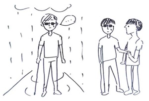 學生透過畫作,分享與視障同學的相處經驗,說明雨天對視障者聽音辨物的影響。